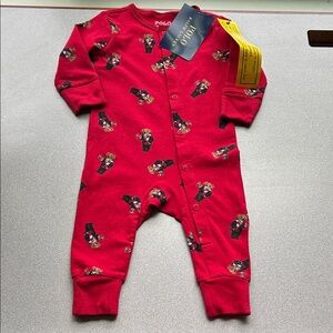NWT Polo by Ralph Lauren Red Teddy Bear Print Footie One-Piece
